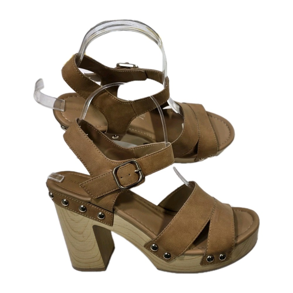 Sun Stone Y2K Strappy Platform Sandals Sz 8.5 Ankle Strap Chunky Wood 4.5 Heel‎